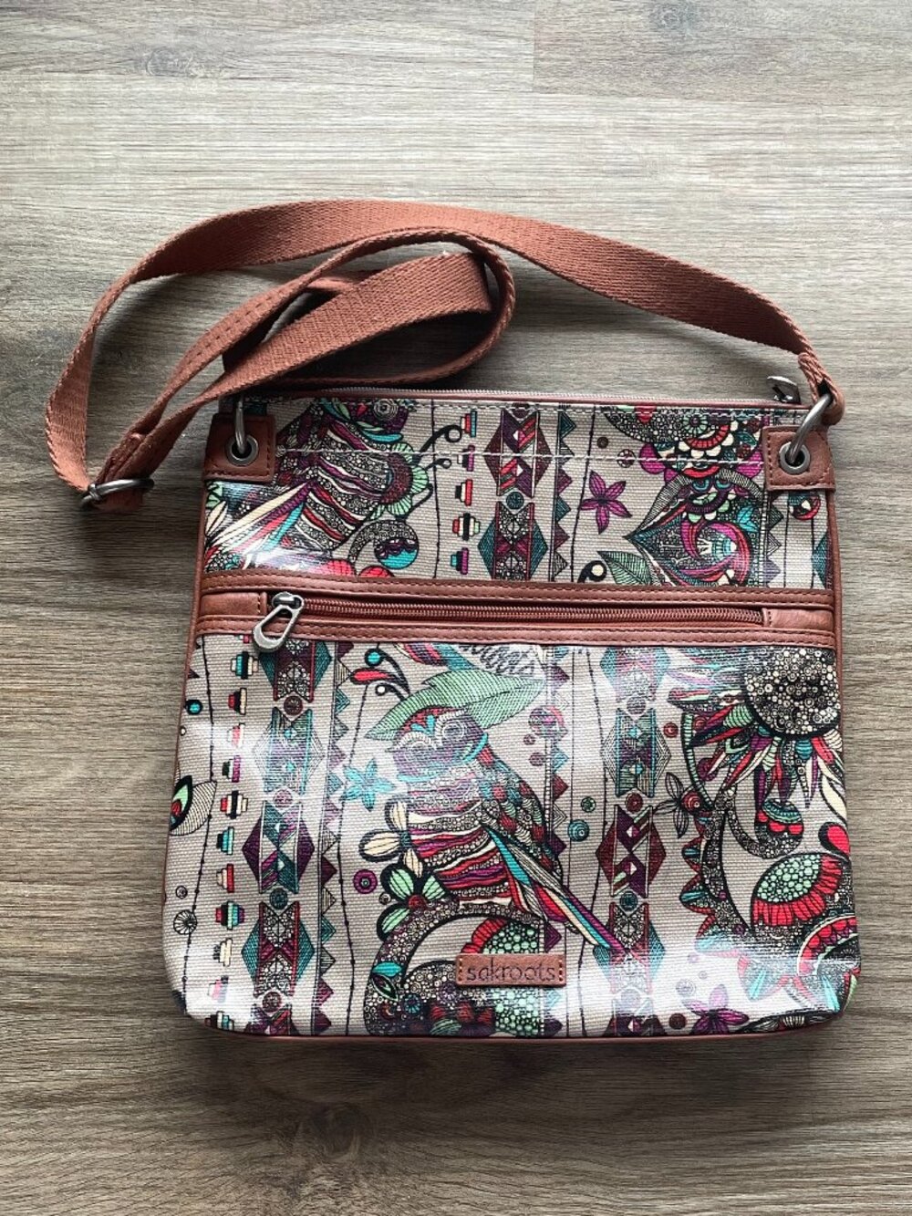 SAKROOTS Owl Crossbody Handbag Multi-color and Brown   $33